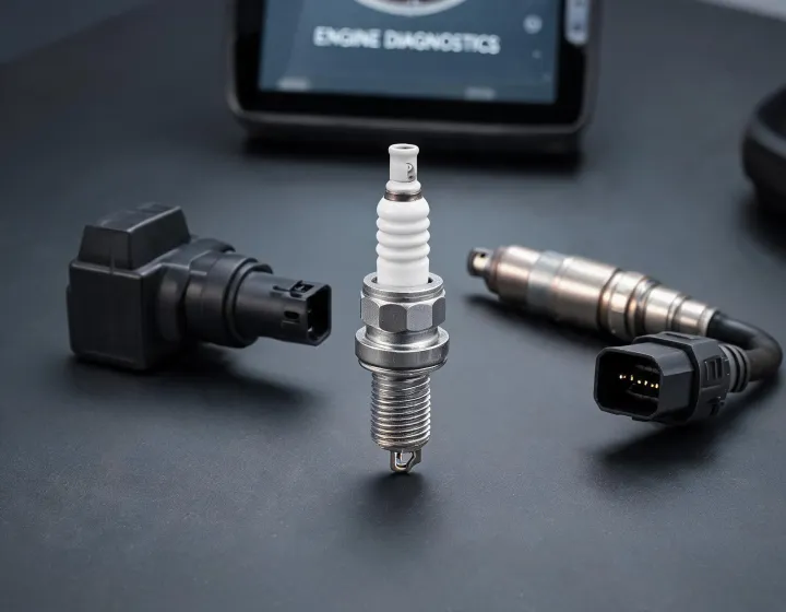 Spark plug, ignition coil and oxygen sensor on a technician electrical workbench
