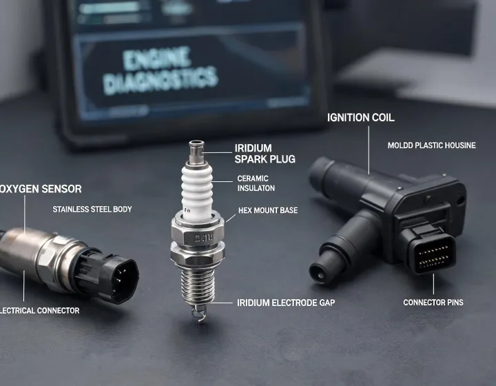 Spark plug, ignition coil and oxygen sensor on a technician electrical workbench